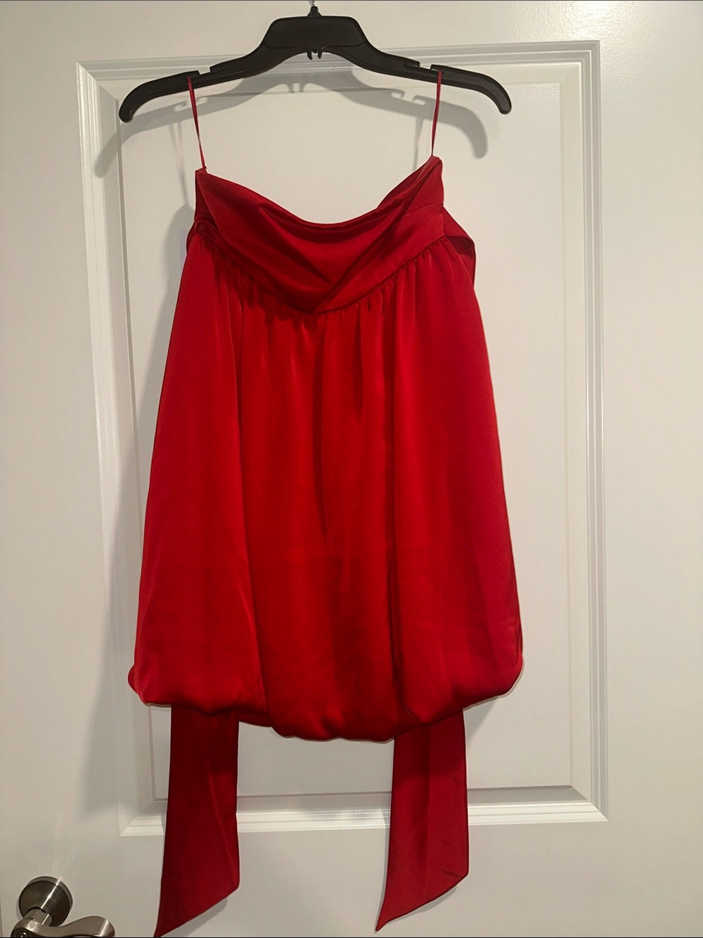 Red Satin Strapless Bubble Hem Dress